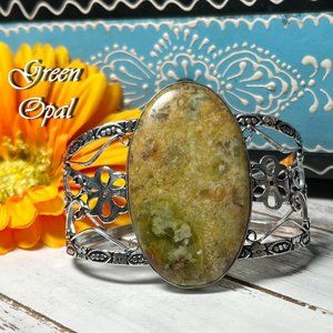 Green Opal Bracelet Cuff Bangle Handmade Large Gemstone 925 Silver Bohemian New!
